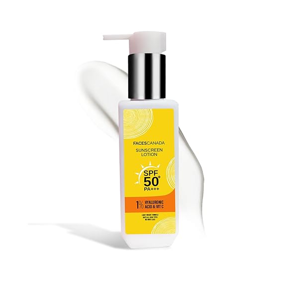 FACESCANADA Sunscreen Lotion, 100ml | SPF 50 PA+++ | Oily Protects From UVA & UVB Rays | 1% Hyaluronic Acid & Vitamin C | Lightweight | No White Cast | Natural Radiant Glow| No Alcohol | No Parabens