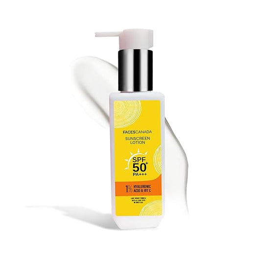 FACESCANADA Sunscreen Lotion, 100ml | SPF 50 PA+++ | Oily Protects From UVA & UVB Rays | 1% Hyaluronic Acid & Vitamin C | Lightweight | No White Cast | Natural Radiant Glow| No Alcohol | No Parabens